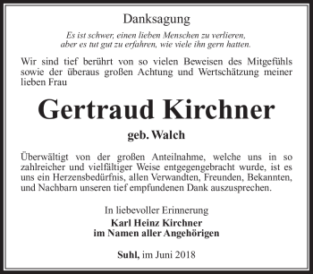 Traueranzeige von Gertraud Kirchner von Südthüringer Presse