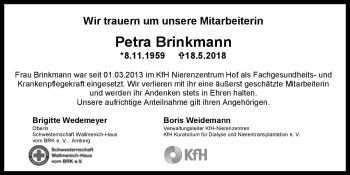 Traueranzeige von Petra Brinkmann von Frankenpost