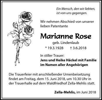 Traueranzeige von Marianne Rose von Südthüringer Presse