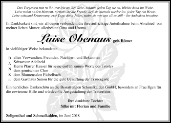 Traueranzeige von Luise Obenaus von Südthüringer Presse