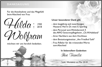 Traueranzeige von Hilda Wolfram von Südthüringer Presse