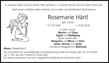 Traueranzeige von Rosemarie Härtl von Neue Presse Coburg