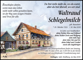 Traueranzeige von Waltraud Schlegelmilch von Südthüringer Presse