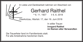 Traueranzeige von Gerhard Raithel von Frankenpost
