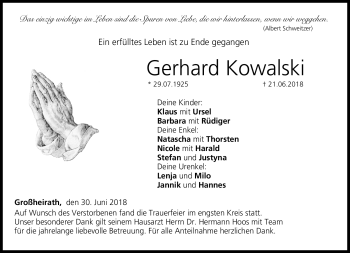 Traueranzeige von Gerhard Kowalski von Neue Presse Coburg