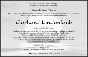 Traueranzeige von Gerhard Lindenlaub von Südthüringer Presse