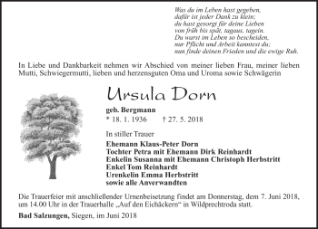 Traueranzeige von Ursula Dorn von Südthüringer Presse