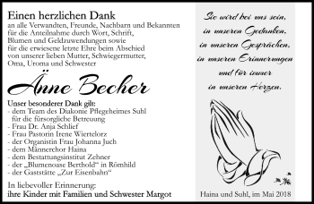 Traueranzeige von Änne Becher von Südthüringer Presse