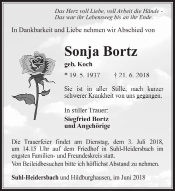 Traueranzeige von Sonja Bortz von Südthüringer Presse