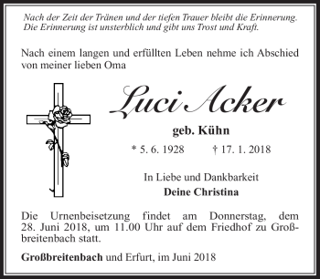 Traueranzeige von Luci Acker von Südthüringer Presse