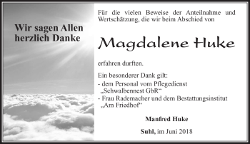 Traueranzeige von Magdalene Huke von Südthüringer Presse