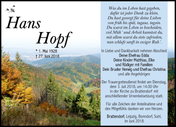 Traueranzeige von Hans Hopf von Südthüringer Presse