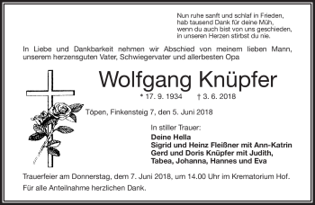 Traueranzeige von Wolfgang Knüpfer von Frankenpost