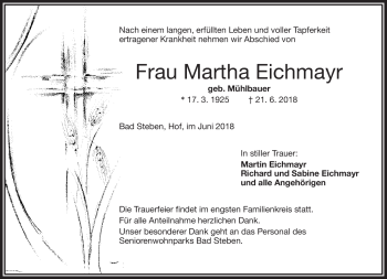 Traueranzeige von Martha Eichmayr von Frankenpost