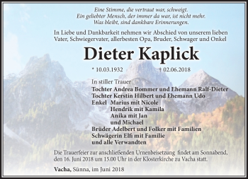Traueranzeige von Dieter Kaplick von Südthüringer Presse