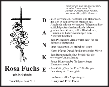 Traueranzeige von Rosa Fuchs von Südthüringer Presse
