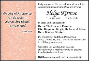 Traueranzeige von Helga Kirmse von Südthüringer Presse