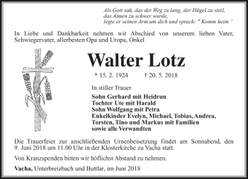 Traueranzeige von Walter Lotz von Südthüringer Presse