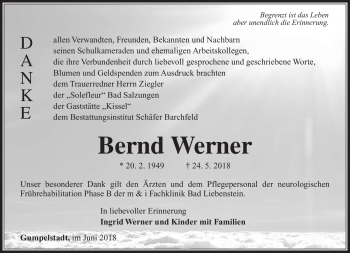Traueranzeige von Bernd Werner von Südthüringer Presse