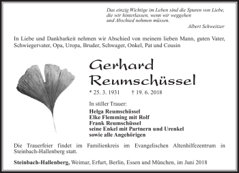 Traueranzeige von Gerhard Schüssel von Südthüringer Presse