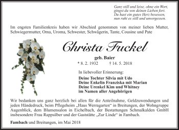 Traueranzeige von Christa Fuckel von Südthüringer Presse