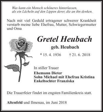 Traueranzeige von Gretel Heubach von Südthüringer Presse