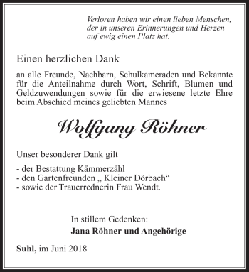 Traueranzeige von Wolfgang Röhner von Südthüringer Presse