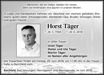 Traueranzeige von Horst Täger von Südthüringer Presse