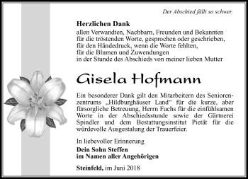 Traueranzeige von Gisela Hofmann von Südthüringer Presse