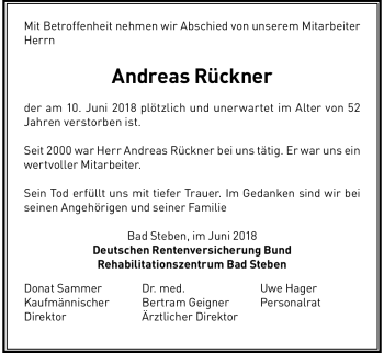 Traueranzeige von Andreas Rückner von Frankenpost