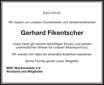 Traueranzeige von Gerhard Fickenscher von Frankenpost