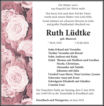 Traueranzeige von Ruth Lüdtke von Südthüringer Presse