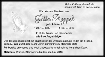 Traueranzeige von Jutta Roppel von Südthüringer Presse
