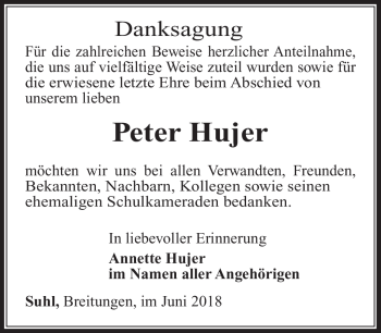 Traueranzeige von Peter Hujer von Südthüringer Presse