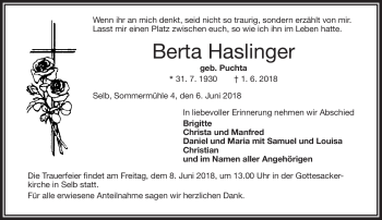 Traueranzeige von Berta Haslinger von Frankenpost