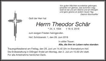 Traueranzeige von Theodor Schär von Frankenpost