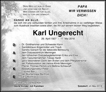 Traueranzeige von Karl Ungerecht von Südthüringer Presse