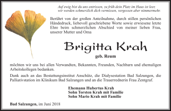 Traueranzeige von Brigitta Krah von Südthüringer Presse
