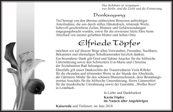 Traueranzeige von Elfriede Töpfer von Südthüringer Presse