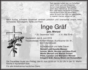 Traueranzeige von Inge Gräf von Frankenpost