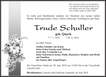 Traueranzeige von Trude Schuller von Südthüringer Presse