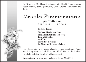 Traueranzeige von Ursula Zimmermann von Südthüringer Presse