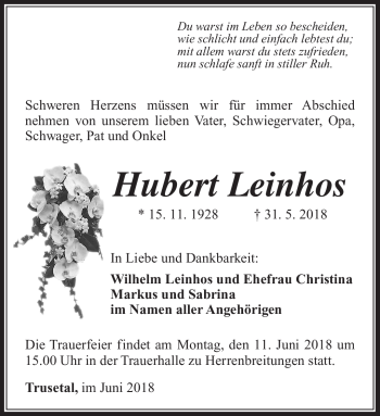 Traueranzeige von Hubert Leinhos von Südthüringer Presse