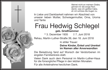 Traueranzeige von Hedwig Schlegel von Frankenpost