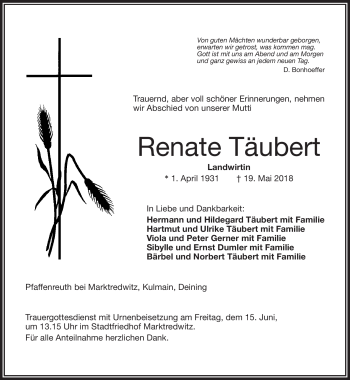 Traueranzeige von Renate Täubert von Frankenpost
