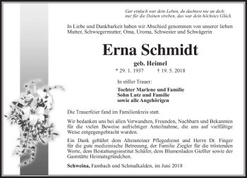 Traueranzeige von Erna Schmidt von Südthüringer Presse