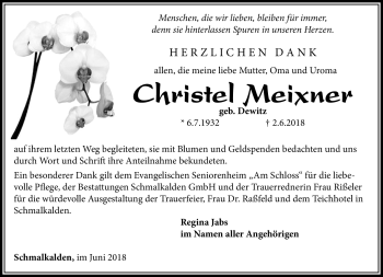 Traueranzeige von Christel Meixner von Südthüringer Presse