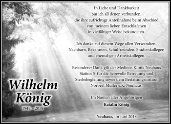 Traueranzeige von Wilhelm König von Südthüringer Presse