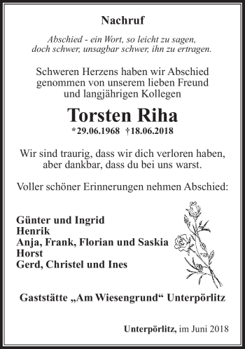 Traueranzeige von Torsten Riha von Südthüringer Presse