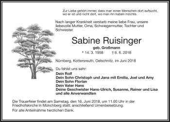 Traueranzeige von Sabine Ruisinger von Frankenpost